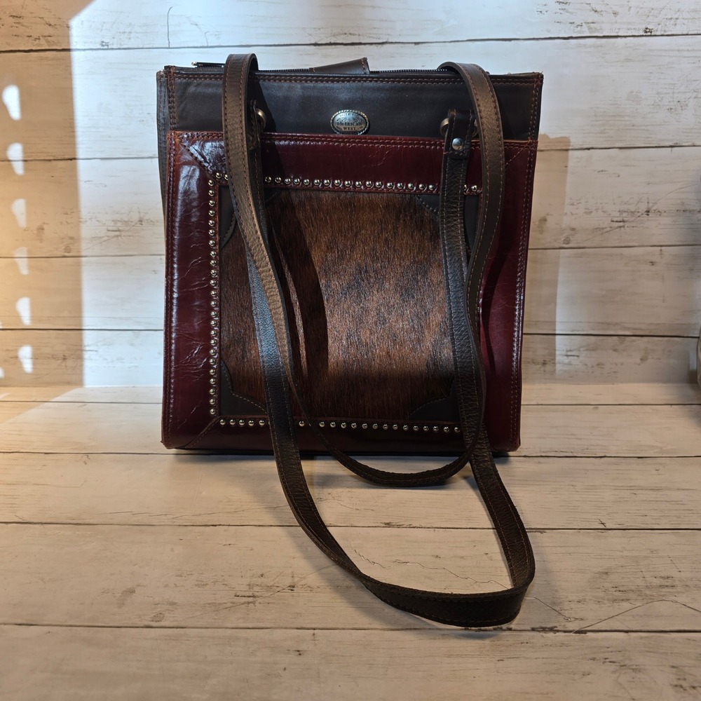 American West Leather Tote Bag Cowhide Hair Studded Western Brown Handbag